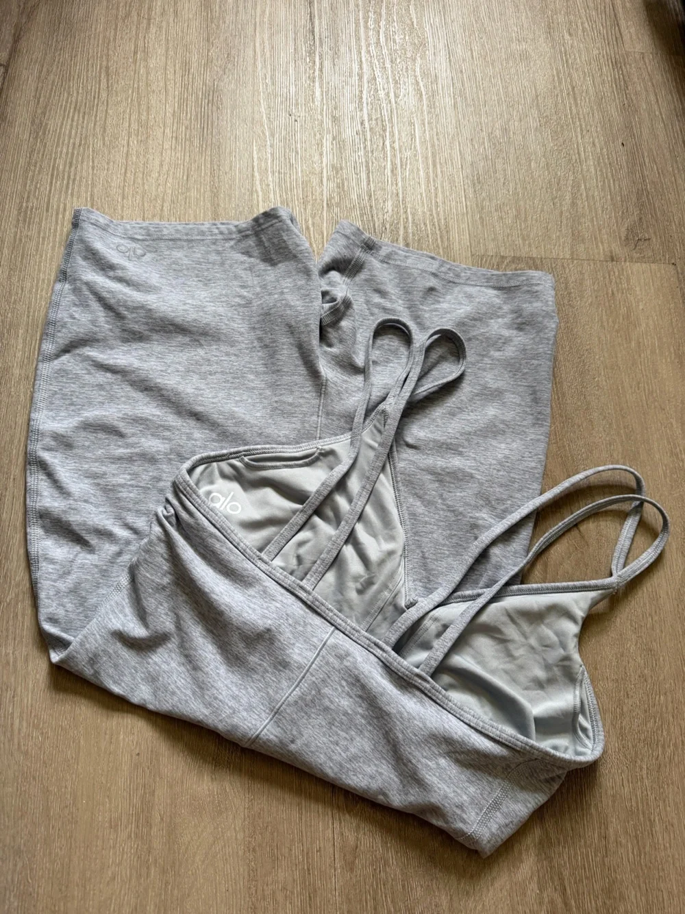 ALO Yoga Light Grey Ribbed Double-Strap Romper Bodysuit